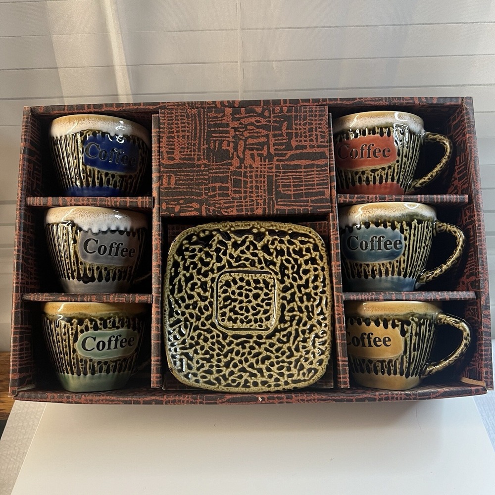 Aramco Imports Fine Stoneware 6 Cup & Saucer Coffee Multicolor Bar Prepp